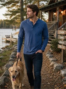 Hollister Blue Long Sleeve Henley Shirt XL Cotton Blend